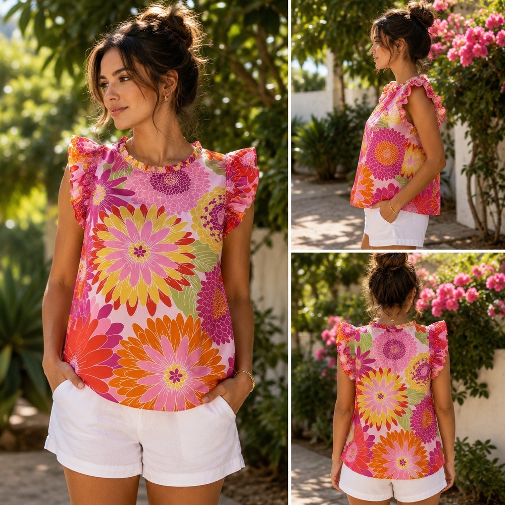 J. Marie Blouse Top Womens‎ S Multicolor Floral Preppy Ruffled Flounce Sleeves